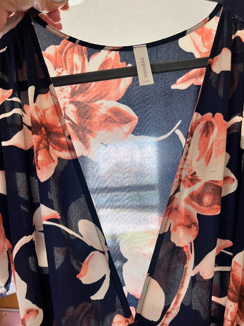 Peppermint Navy Coral Floral High-Low‎ Wrap Maxi Dress L Flutter Sleeve - Picture 8 of 16